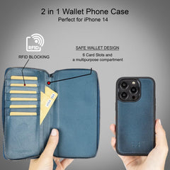 Apple iPhone 14 Series Detachable and Zipper Leather Wallet Case - PMW Bornbor