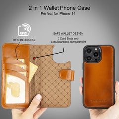 Apple iPhone 14 Series Detachable Leather Wallet Case Darker Color - MW Bornbor