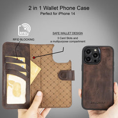 Apple iPhone 14 Series Detachable Leather Wallet Case Darker Color - MW Bornbor