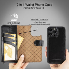 Apple iPhone 14 Series Detachable Leather Wallet Case Darker Color - MW Bornbor