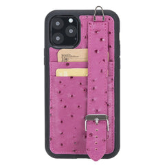 Flexible Leather Back Cover with Hand Strap for iPhone 11 Series iPhone 11 Pro Max / Ostrich Pink Bornbor