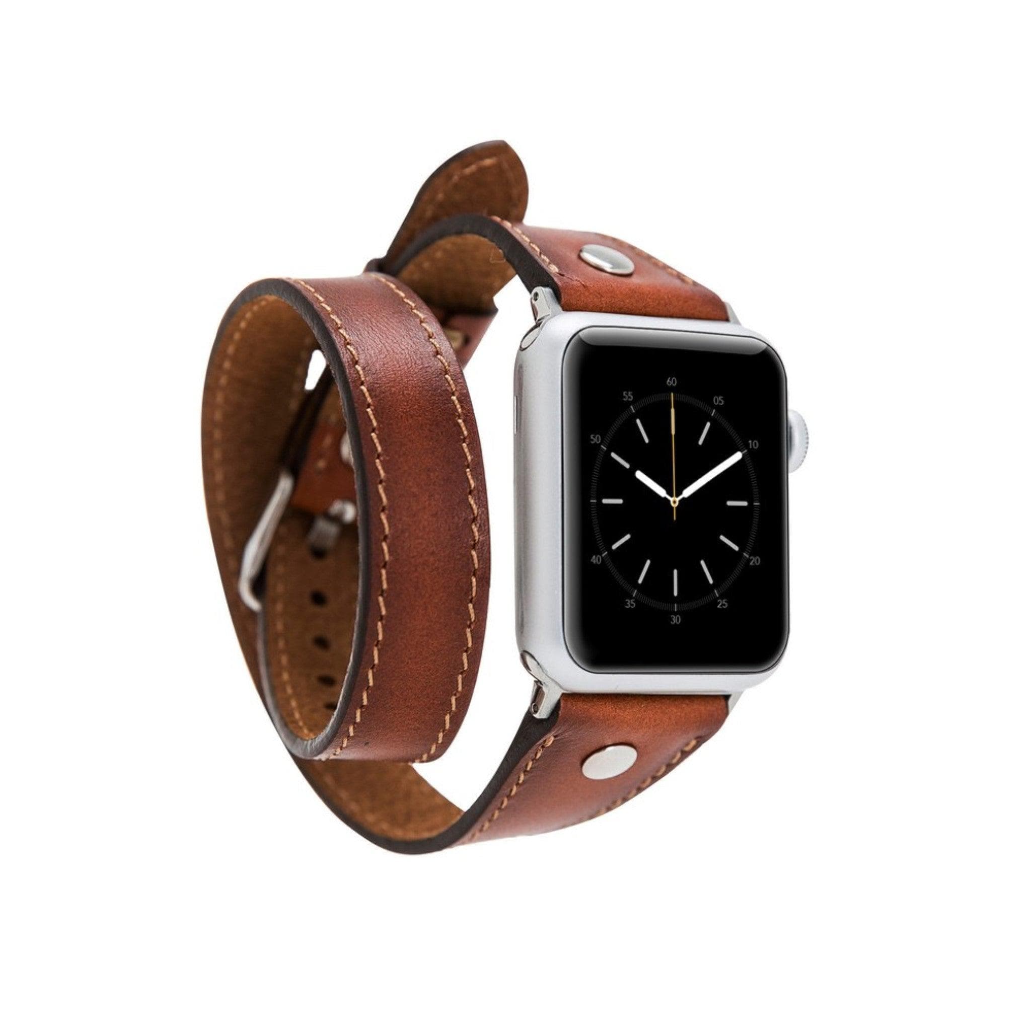 Leeds Double Tour Slim with Silver Bead Apple Watch Leather Straps Tan Bornbor